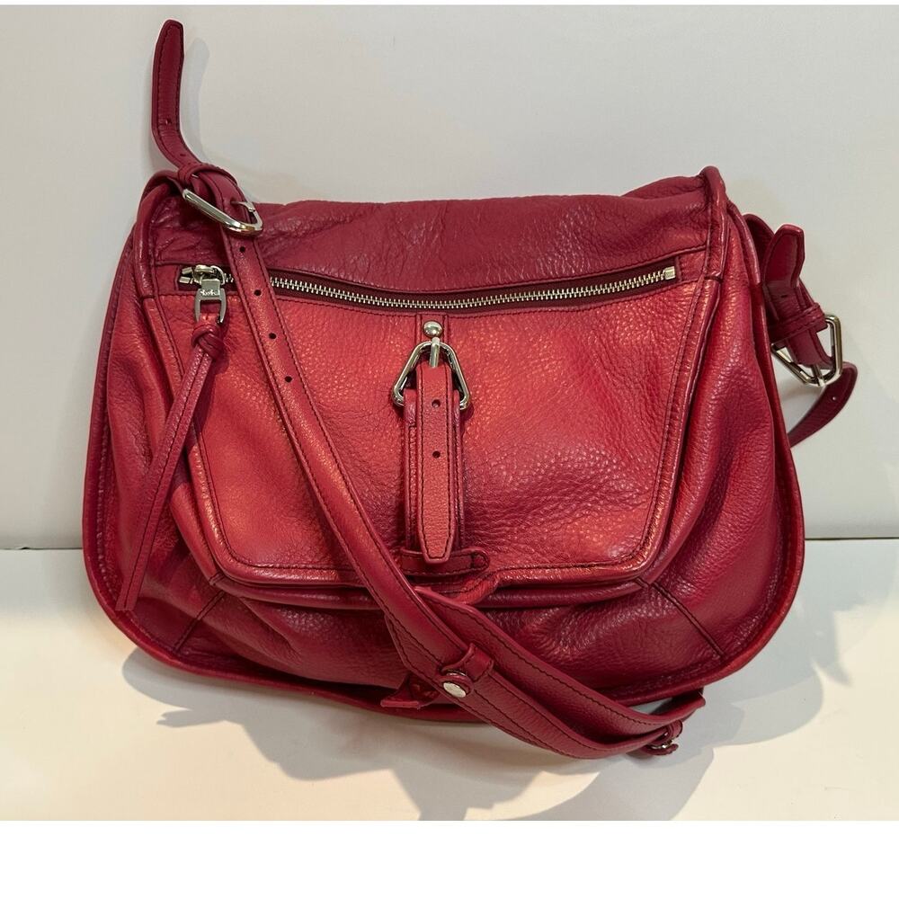 Kooba Jolie Pebbled Leather Crossbody Bag Raspberry Boho Hobo Purse 11x12x3